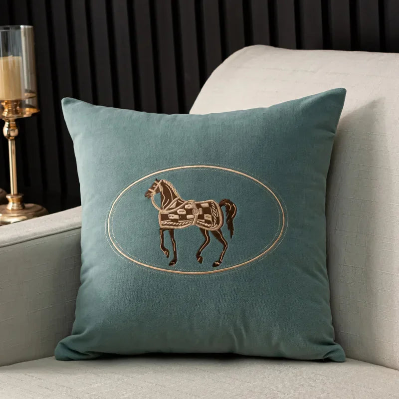 Elegant American Hand-Embroidered Cushion Cover with Horse Design, Perfect for Sofa Home Office Living Room or Car Size 45x45cm